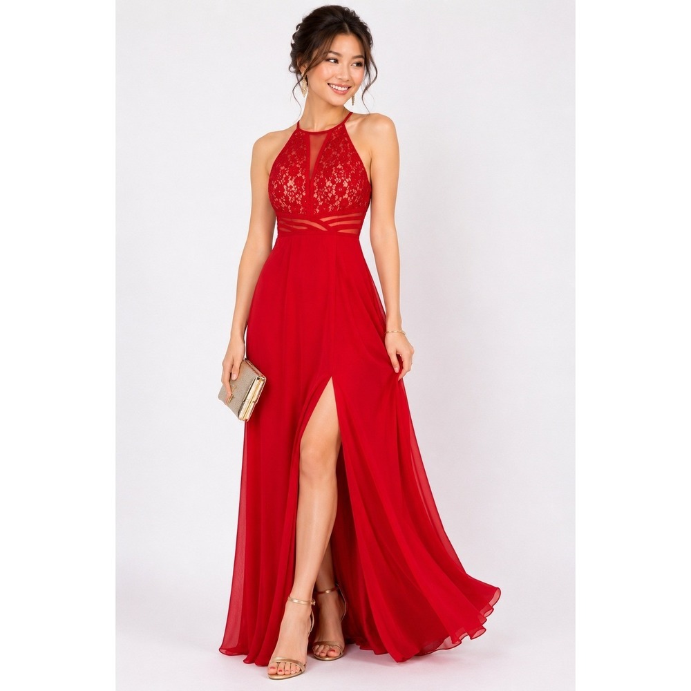Women's Red Lace Halter Maxi Dress by Morgan & Co Size 3 New With Tags